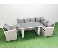 Fimous Outdoor Garden Furniture Sets 7 Seater Wicker Rattan Corner Sofa Sets With Rectangular Dining Table Armchair Light Grey