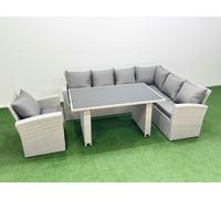 Fimous Outdoor Garden Furniture Sets 7 Seater Wicker Rattan Corner Sofa Sets with Rectangular Dining Table Lounge Sofa Armchair Light Grey
