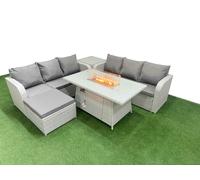 Outdoor Garden Furniture Sets 7 Seater Wicker Rattan Furniture Sofa Sets with Firepit Dining Table high Back Lounge Sofa Big Footstool Side Table Ligh Fimous Light Grey One Size