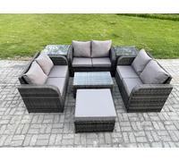 Outdoor Garden Furniture Sets 7 Seater Wicker Rattan Furniture Sofa Sets with Rectangular Coffee Table Love Sofa 2 Side Tables Big Footstool Fimous Dark Grey One Size