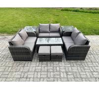Fimous 8-Piece Outdoor Rattan Garden Furniture Set - Dark Grey Mixed Wicker Sofa Set with Rectangular Coffee Table & 2 Small Footstools