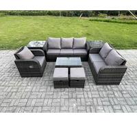 Fimous Outdoor Garden Furniture Sets 8 Pieces Wicker Rattan Furniture Sofa Sets with Rectangular Coffee Table Loveseat Sofa 2 Small Footstools Fimous Dark Grey