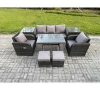 Fimous Outdoor Garden Furniture Sets 8 Pieces Wicker Rattan Furniture Sofa Sets With Rectangular Dining Table 2 Small Footstools