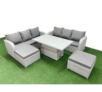 Fimous 8 Seater Rattan Garden Set, Adj Height Table, High Back Lounge Sofa and 2 Big Footstools, Light Grey