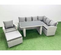 Fimous Outdoor Garden Furniture Sets 8 Seater Rattan Corner Sofa Sets with Rectangular Dining Table Lounge Sofa Big Footstool Armchair Light Grey