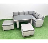 Fimous Outdoor Garden Furniture Sets 8 Seater Wicker Rattan Corner Sofa Sets with Rectangular Dining Table Lounge Sofa 2 Big Footstool Light Grey