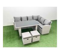 Fimous Outdoor Garden Furniture Sets 8 Seater Wicker Rattan Corner Sofa Sets with Rectangular Dining Table Lounge Sofa 2 Small Footstools Light Grey