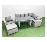 Fimous Outdoor Garden Furniture Sets 8 Seater Rattan Corner Sofa Sets with Rectangular Dining Table Lounge Sofa Big Footstool Armchair Light Grey
