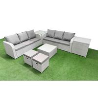 FIMOUS Outdoor Garden 8-Seater Wicker Rattan Sofa Set – High Back Lounge, Stools, 2 Side Tables