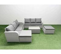 Fimous 8 Seater Rattan Outdoor Sofa Set - Light Grey Wicker with Rectangular Coffee Table, High Back Lounge Sofa & 2 Footstools