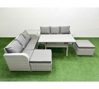 Fimous Outdoor Garden Furniture Sets 8 Seater Wicker Rattan Furniture Sofa Sets w/ Rectangular Dining Table high Back Lounge Sofa 2 Big Footstool Fimous Light Grey