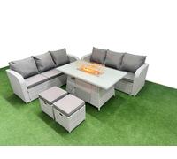 Fimous Outdoor Garden Furniture Sets 8 Seater Wicker Rattan Furniture Sofa Sets with Firepit Dining Table high Back Lounge Sofa Stools Light Grey Fimous Light Grey