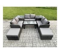Fimous 8 Seater Rattan Outdoor Sofa Set - Rectangular Coffee Table, Loveseat, 2 Big Footstools & 2 Side Tables