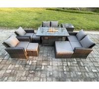 Fimous Outdoor Garden Furniture Sets 9 Pieces Wicker Rattan Furniture Gas Fire Pit Dining Table Sofa Set with 3 Footstools Side Table Dark Grey Mixed