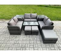 Fimous Outdoor Garden Furniture Sets 9 Pieces Wicker Rattan Furniture Sofa Sets with Coffee Table Love seat Sofa 3 Footstools 2 Side Tables Fimous Dark Grey