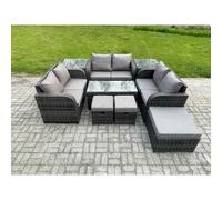 Fimous Outdoor Garden Furniture Sets 9 Pieces Wicker Rattan Furniture Sofa Sets with Rectangular Coffee Table Love seat Sofa 3 Footstools 2 Side Tables Dark Grey