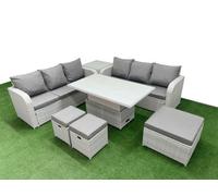 Fimous Outdoor Garden Furniture Sets 9 Seater Wicker Rattan Furniture Sofa Sets with 3 Stools Side Table Light Grey