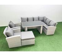Fimous Outdoor Garden Furniture Sets 9 Seater Wicker Rattan Corner Sofa Sets with Rectangular Dining Table Lounge Sofa Big Footstool Light Grey