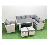 Fimous Outdoor Garden Furniture Sets 9 Seater Wicker Rattan Corner Sofa Sets with Rectangular Dining Table Lounge Sofa 2 Small Footstools Armchair