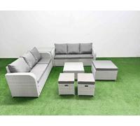 Fimous Outdoor Garden Furniture Set 9 Seater Rattan Furniture Sofa Set with Square Coffee Table high Back Lounge Sofa 3 Stools Side Table Light Grey