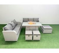 Fimous Outdoor Garden Furniture Sets 9 Seater Wicker Rattan Furniture Sofa Sets with Firepit Dining Table high Back Lounge Sofa 3 Stools Light Grey Fimous Light Grey