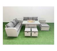 Fimous Outdoor Garden Furniture Sets 9 Seater Wicker Rattan Furniture Sofa Sets with Firepit Dining Table 3 Stools 2 Side Table Light Grey