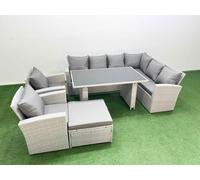 Fimous Outdoor Garden Furniture Sets 9 Seater Wicker Rattan Corner Sofa Sets with Rectangular Dining Table Lounge Sofa Big Footstool Light Grey