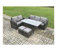 Fimous Outdoor Garden Patio Furniture Wicker Rattan Oblong Rectangular Dining Table and Lounge Sofa set with 2 Small Footstools Dark Grey Mixed
