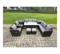 Fimous Outdoor Garden Patio Furniture Wicker Rattan Oblong Rectangular Dining Table and Lounge Sofa set with Adjustable Chair 2 Side Tables 2 Small Footstools Dark Grey Mixed Dark Grey