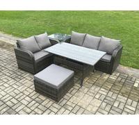 Fimous Outdoor Garden Patio Furniture Wicker Rattan Oblong Rectangular Dining Table and Lounge Sofa set with Side Table Big Footstool Dark Grey Mixed