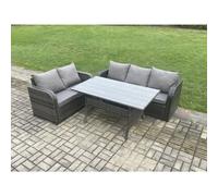 Fimous Outdoor Garden Patio Furniture Wicker Rattan Oblong Rectangular Dining Table and Lounge Sofa set Dark Grey Mixed