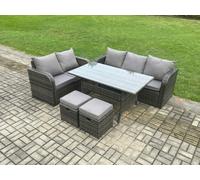 Fimous Outdoor Garden Patio Furniture Wicker Rattan Oblong Rectangular Dining Table and Lounge Sofa set with 2 Small Footstools Dark Grey Mixed