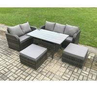 Fimous Outdoor Garden Patio Furniture Wicker Rattan Oblong Rectangular Dining Table and Lounge Sofa set with 2 Big Footstool Dark Grey Mixed