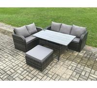 Fimous Outdoor Garden Patio Furniture Wicker Rattan Oblong Rectangular Dining Table and Lounge Sofa set with Big Footstool Dark Grey Mixed