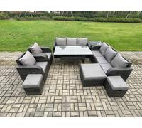 Fimous Outdoor Garden Patio Furniture Wicker Rattan Oblong Dining Table and Lounge Sofa set with Adjustable Chair Side Table 3 Footstool