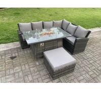 Fimous 7 Seater?Outdoor High Back Rattan Gas Fire Pit Corner Sofa Dining Set Garden Furniture Heater Dining Table Dark Grey Mixed Right Side