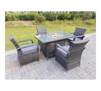 Fimous Outdoor Lounge Rattan Sofa Set Garden Furniture Gas Fire Pit Set Dining Table Patio Heater 2 Chair 2 Coffee Table Dark Grey Mixed