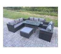 Fimous Outdoor Lounge Sofa Garden Furniture Set Patio Rattan Rectangular Dining Table with 2 Armchair Big Footstool 9 Seater Dark Grey Mixed