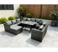 Fimous Outdoor Lounge Sofa Garden Furniture Set Patio Rattan Rectangular Dining Table With 2 Armchair Big Footstool 9 Seater