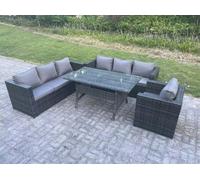 Fimous Outdoor Lounge Sofa Garden Furniture Set Rattan Rectangular Dining Table Patio Chair 7 Seater Dark Grey Mixed