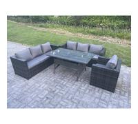 Fimous Outdoor Lounge Sofa Garden Furniture Set Rattan Rectangular Dining Table Patio Chair 7 Seater Dark Grey Mixed