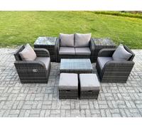 Fimous Outdoor Lounge Sofa Set 6 Seater Rattan Garden Furniture Set with Rectangular Coffee Table 2 Small Footstools in Dark Grey Fimous Dark Grey