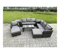 Fimous 9 Seater Dark Grey Mixed Rattan Outdoor Lounge Set - Rectangular Coffee Table, 3-Seater Sofa, 2 Side Tables & 2 Big Footstools