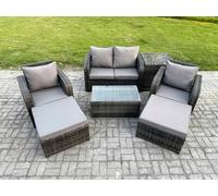 Fimous Outdoor Lounge Sofa Set Rattan Garden Furniture Set with Rectangular Coffee Table 2 Big Footstool Side Table Dark Grey Mixed