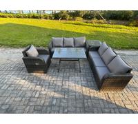 Fimous Outdoor Lounge Sofa Set Wicker Rattan Garden Furniture Set with Rectangular Dining Table Reclining Chair Side Table