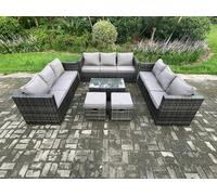 Outdoor Lounge Sofa Set Wicker PE Rattan Garden Furniture Set with Oblong Coffee Table 2 Small Footstools Fimous Dark Grey One Size