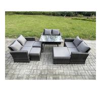 Fimous Outdoor Lounge Sofa Set Wicker PE Rattan Garden Furniture Set with Rectangular Dining Table 2 Seat Sofa 3 Footstools Dark Grey Mixed