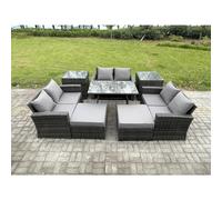 Fimous Outdoor Lounge Sofa Set Wicker PE Rattan Garden Furniture Set with Rectangular Dining Table 2 Seat Sofa Big Footstool Dark Grey Mixed