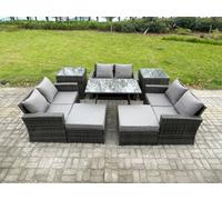 Fimous Outdoor Lounge Sofa Set - Dark Grey Mixed PE Rattan Garden Furniture with Rectangular Dining Table & 2 Big Footstools