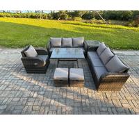 Fimous Outdoor Lounge Sofa Set Wicker PE Rattan Garden Furniture Set with Rectangular Dining Table Reclining Chair Side Table 2 Small Footstools Fimous Dark Grey
